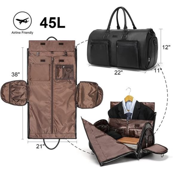Convertible Leather Garment Bag, Carry on Garment Bags Travel Waterproof Duffel - Picture 3 of 6
